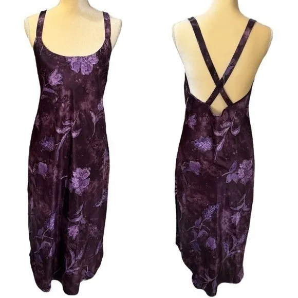 NEW Vintage California Dynasty Purple Floral Satin Dress Fairycore Feminine M - Image 2