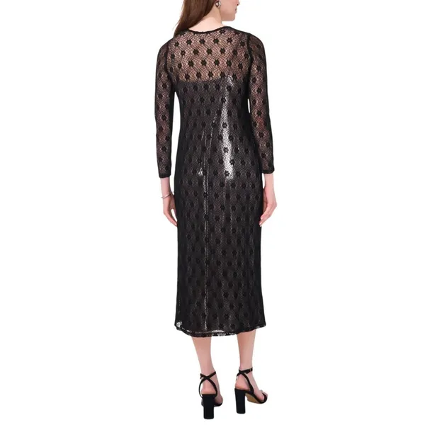 NWT Cece Womens Metallic Lace-Over Long-Sleeve Midi Dress Black XS - Image 4