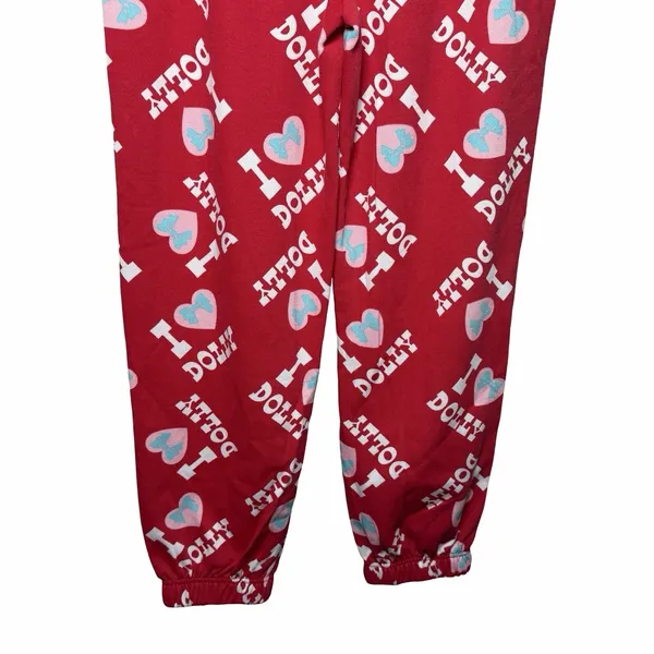 Dolly Parton Pajama Pants L Red I Love Dolly Heart Print Lounge Joggers Cozycore - Image 8