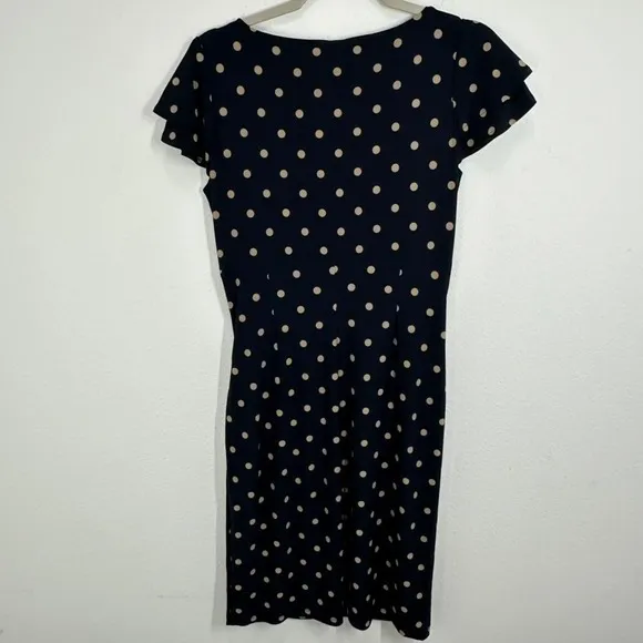 Lauren Ralph Lauren Navy Blue Tan Polka Dot Ruched Sheath Dress‎ Size 8 NWT - Image 11