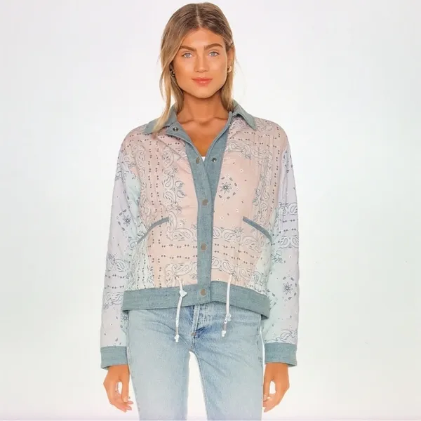 BLANK NYC Reversible Quilted Denim Jacket Large Blue Floral Snap Front Coat - Image 7
