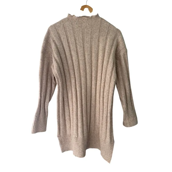Oversized Oatmeal Ribbed Knit Sweater Dress High Neck Asymmetrical Hem - Image 2