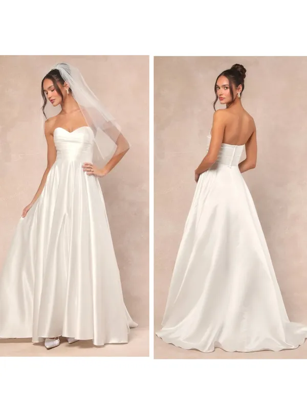 Lulus Khalida White Satin Pleated Strapless Gown Size Medium Bridal Wedding - Image 2