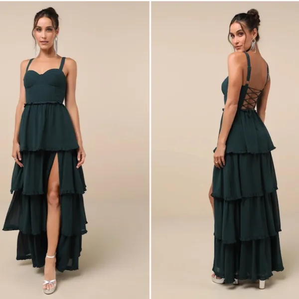 LULU's Sexy Prom Special Event Wedding Flowy Chiffon Corset Tie Back Maxi Gown - Image 4