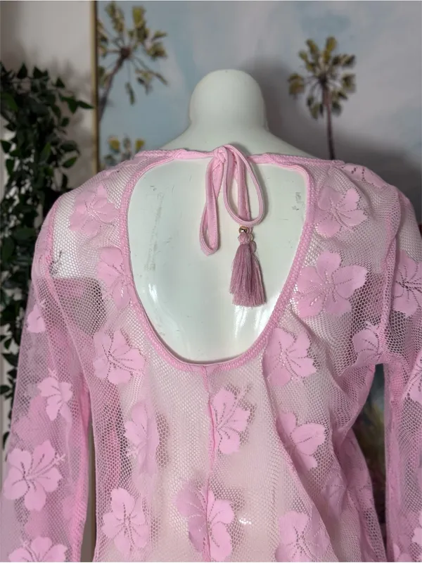 Women's Pink Floral Lace Fishnet Mesh Sheer Long Sleeve Midi Dress Cover Up M/L - Image 7