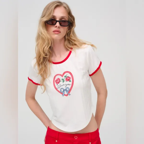 NWT Free People + For Love & Lemons I Love You Heart Baby Tee In White - Image 8