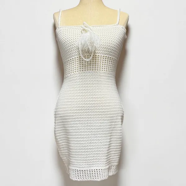 Miou Muse L Crochet Bodycon Dress‎ Tassel Cream Boho Festival Beach Swim Coverup - Image 2