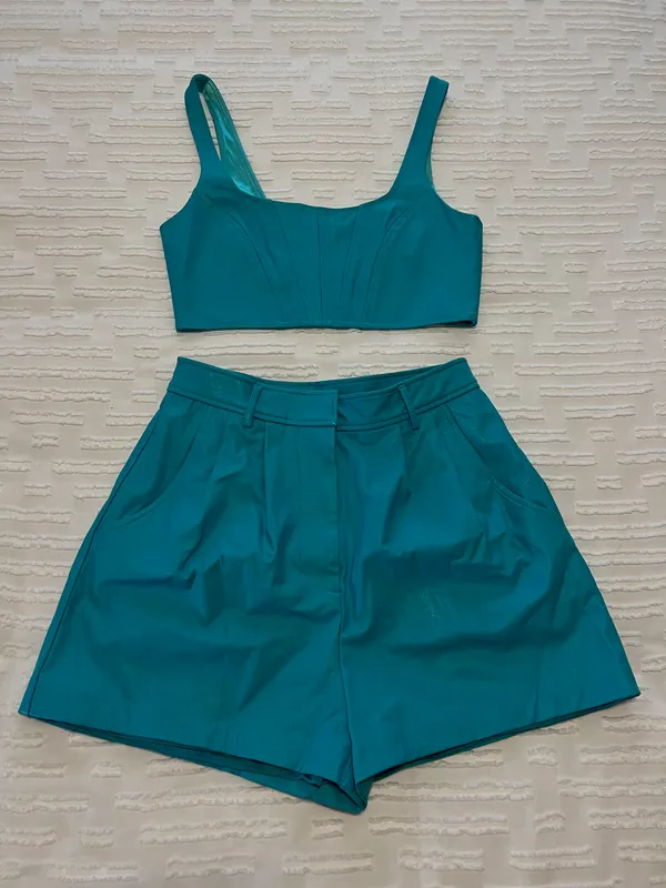 Amanda Uprichard Revolve Leather Pittito Crop Top And Jane Shorts In Marina - Image 2