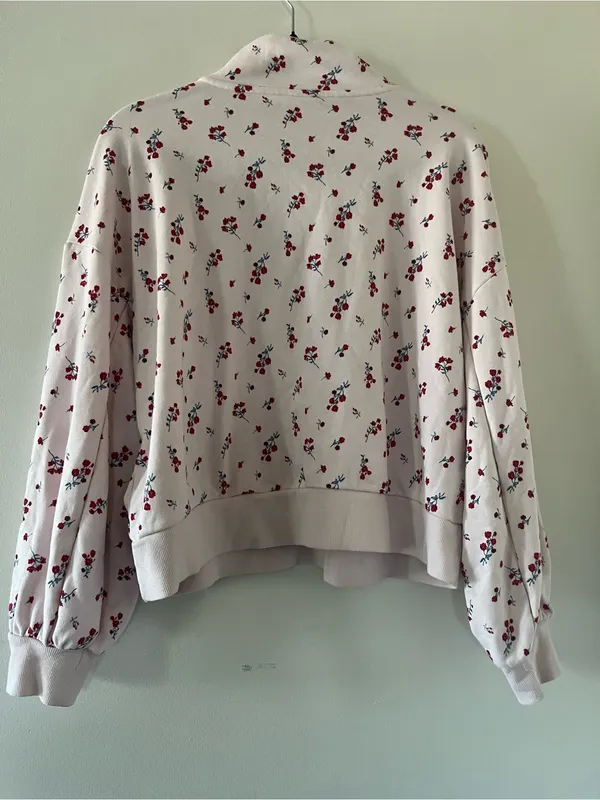 Pink Ditsy Floral Quarter Zip Pullover Cotton Sweatshirt Large Feminine Athletic - Image 6