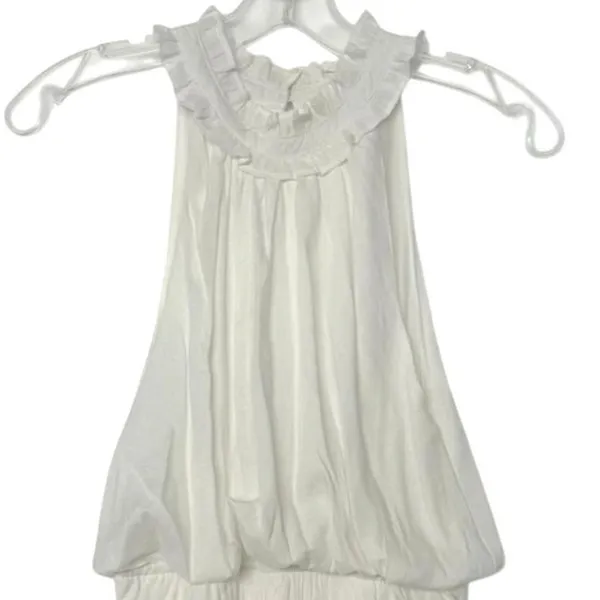Glam White Halter Drop Waist Dress Sleeveless Ruffle Mini Dress Size Medium - Image 3