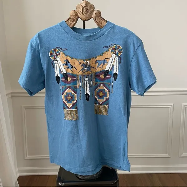 Vintage 80s Single Stitch Diamond Dust Native American Indian Horse Tshirt L - Image 2
