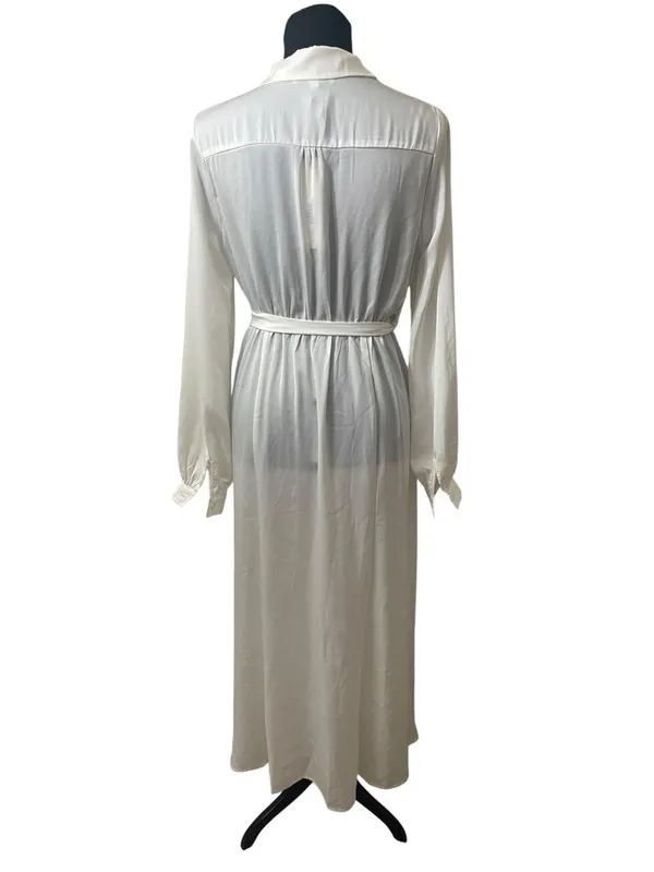 Modest Minimalist Pinch Ivory Satin Long Sleeve Belted Shirt Midi Dress Capsule - Image 2
