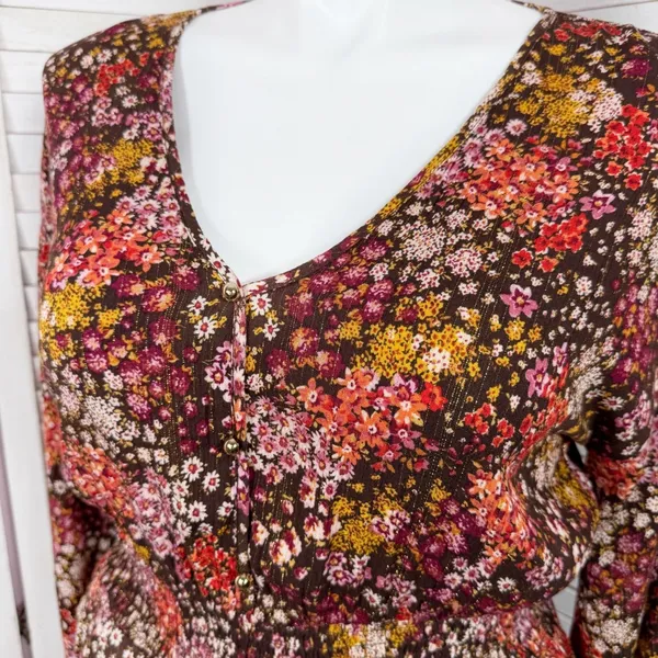 Cottagecore Floral‎ Smocked Waist Long Sleeve Boho Midi Dress Brown Multi Large - Image 5