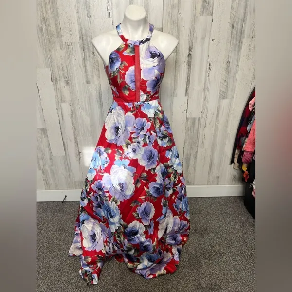Dear Moon Floral Halter Maxi Dress Red Blue Size 3 XS/S - Image 7