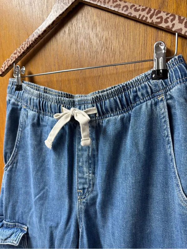 Gap Pull On Wide Leg Cargo Denim Jeans Cotton Tie Waist Medium Wash Blue Medium - Image 8