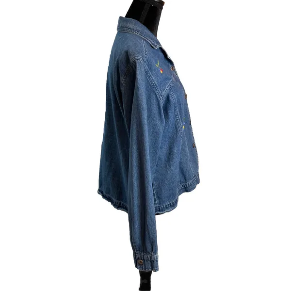 Asaro Collection Women L Denim Jacket Blue Embroidered Floral Fruit Button Front - Image 6