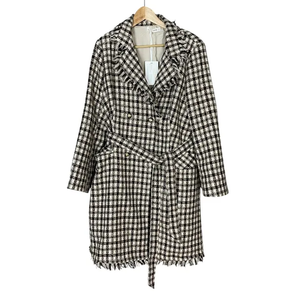 NWT Grace Karin Tweed Pea Coat Plaid Women Size XL Raw Edges Belted Cream Brown‎ - Image 2