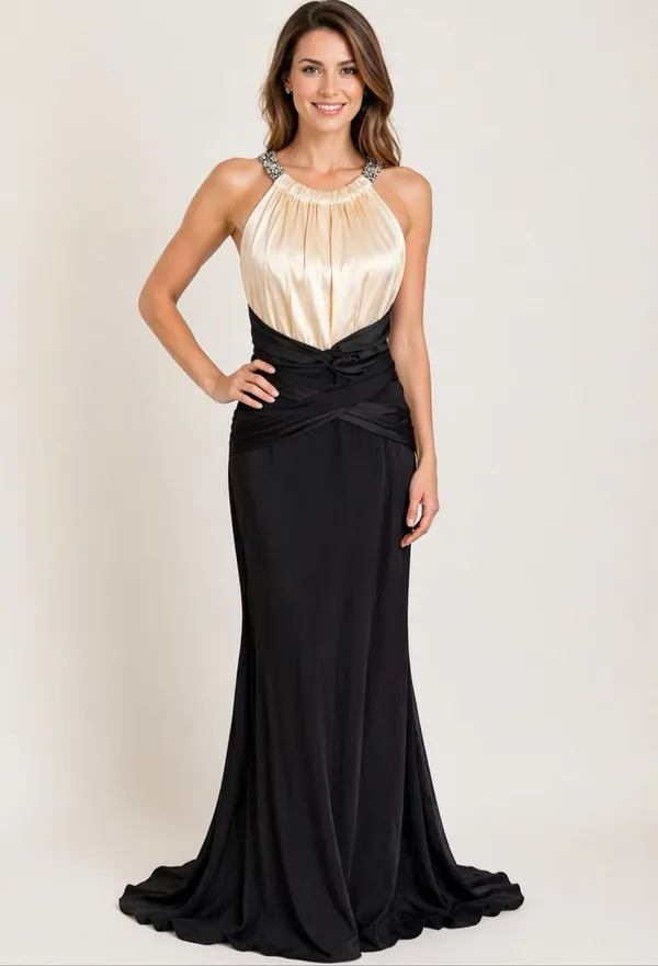 Rickie Freeman Teri Jon 100% Silk Jeweled Halter Black Ivory Formal Gown 6 - Image 10