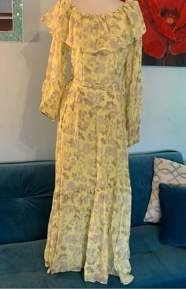 Women’s ASTR The Label Maxi Dress Green Long Sleeve Off Shoulder L Large Floral - Image 2