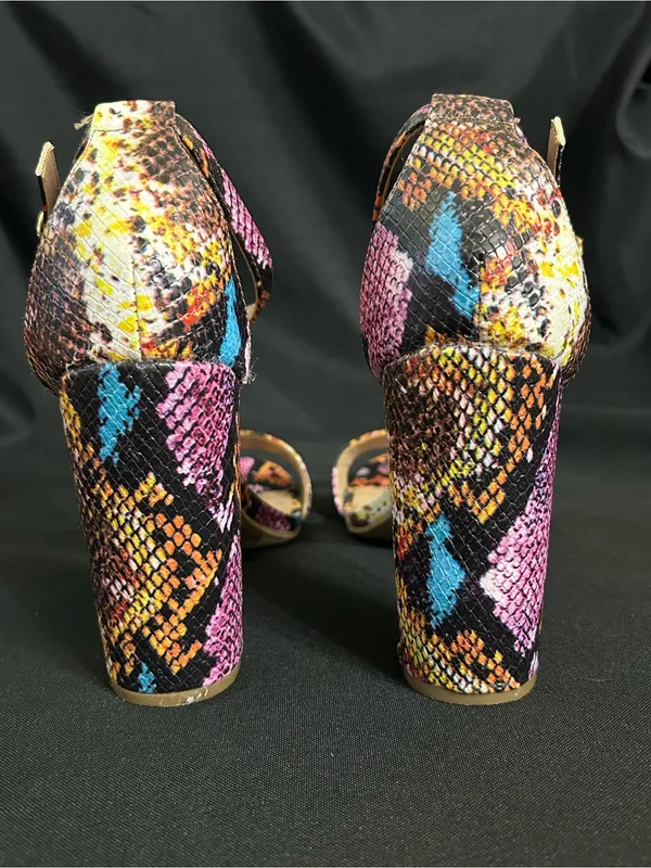 Report Multicolor Snakeskin Ankle-Strap Block Heel Sandal Pink/Yellow/Blue 8.5 - Image 6
