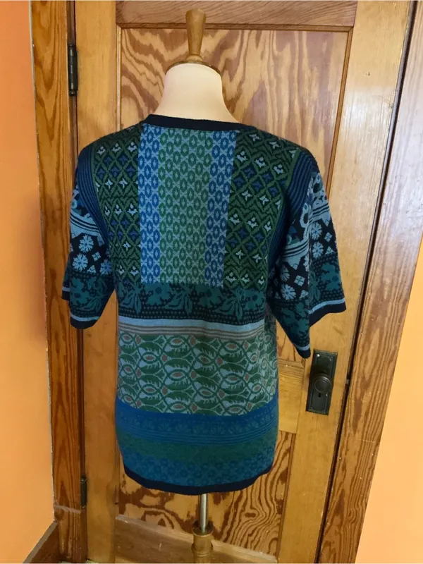 Coldwater Creek USA Mixed Pattern Cardigan Blue Green Rayon Knit Boho Sweater - Image 9