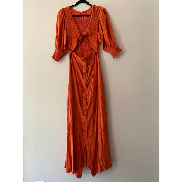 Free People Red Orange String of Hearts Button Down Puff Sleeve Maxi Dress Small - Image 2