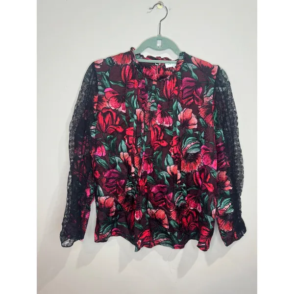 Sandro Paris Red Floral Mock Neck Blouse Black Lace Sleeves Silk Blend sz 1 - Image 2