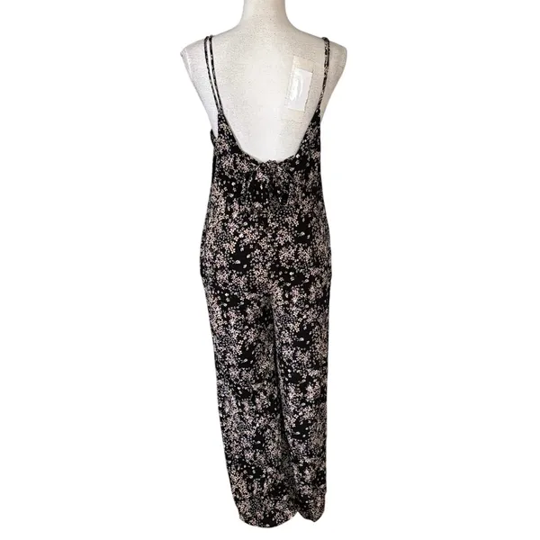 Lulus Size S Black Floral Print Jumpsuit Wide Leg Tie Back Pockets V Neck - Image 3