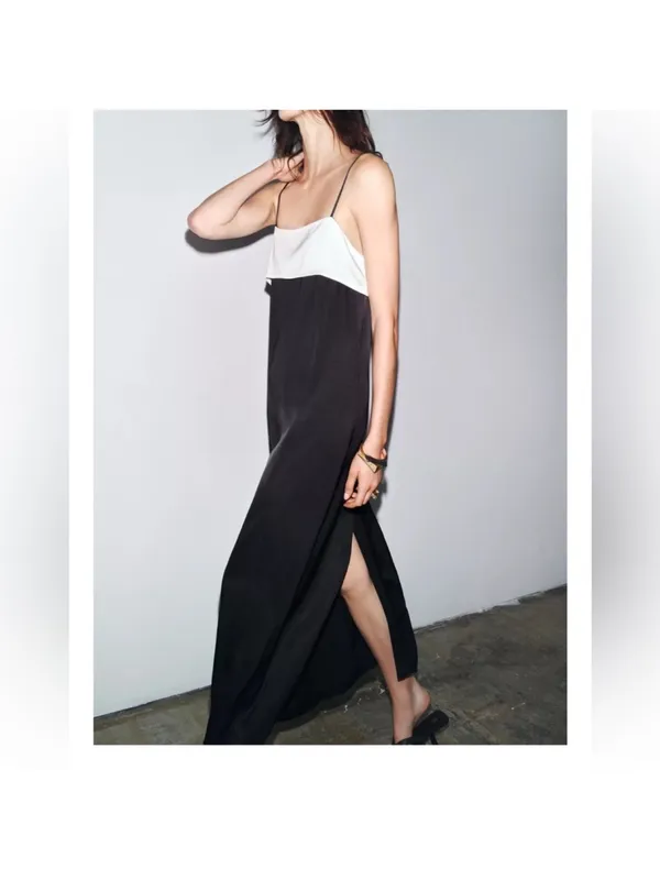 Zara Black and White Slip Maxi Dress with Spaghetti Straps - Image 4