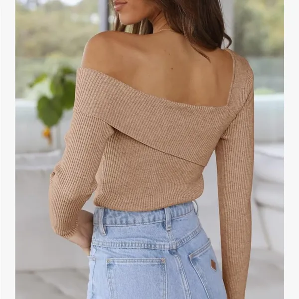 One-Shoulder Ribbed Asymmetrical Knit Top in Camel Brown Size S - Image 2