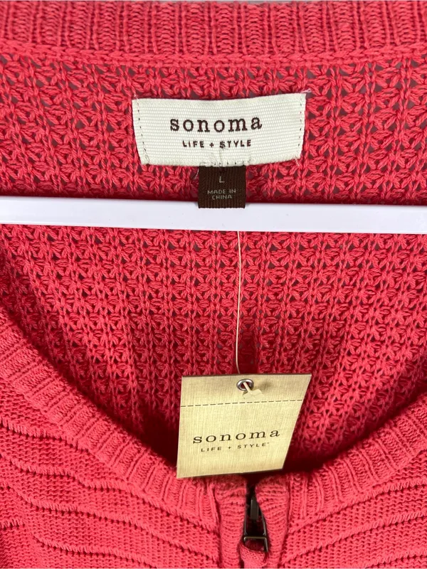 Sonoma Life + Style NWT Coral Open Knit Zip Cardigan Sweater L - Image 2
