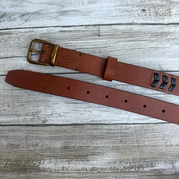 Fossil Leather Belt Size L 36.5" Brown Boho Chevron Whipstitch Western Festival - Image 6