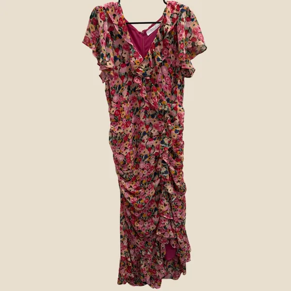 ASTR The Label Vilma Floral Ruched Ruffle Midi Dress‎ Pink Multi Large Preppy - Image 2