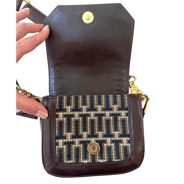 Tory Burch Mini Crossbody‎ Navy Brown Logo Jacquard Lock Bag - Image 5