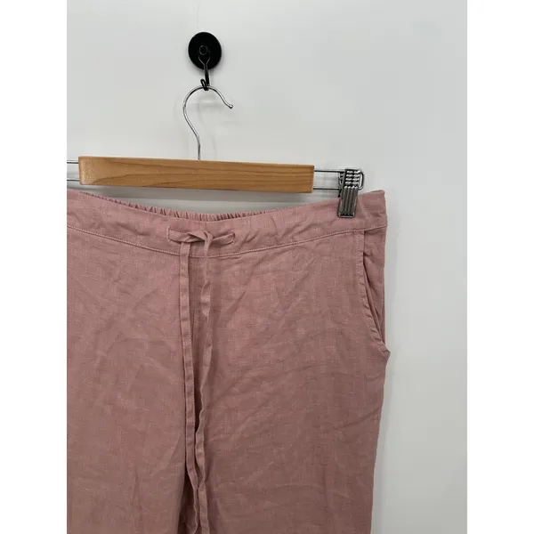 Pink 100% Linen Pull On Ankle Pants Women Medium Raw Hem Drawstring Coastal Boho - Image 5