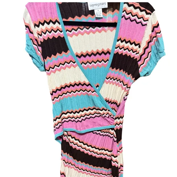 Bloomingdales Pink Turquoise Chevron Zigzag‎ Knit Wrap Midi Dress Vintage Med - Image 7