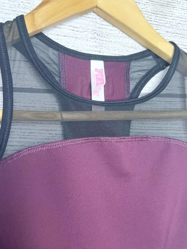 VS PINK Burgundy Crop Top Sports Bra Unlined Racerback Spell Out Logo Size Large - Image 6