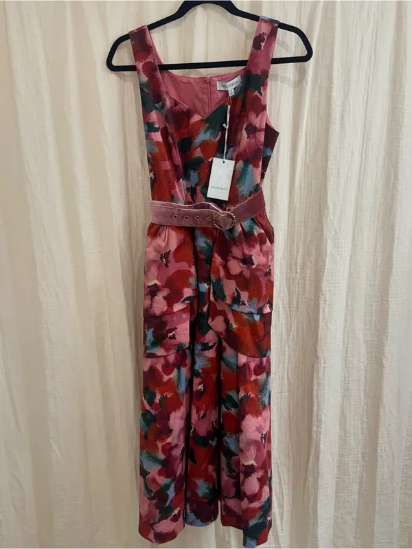 Prosperina Diana Pink Multi Floral Print Cotton Belted Midi Dress - Image 3