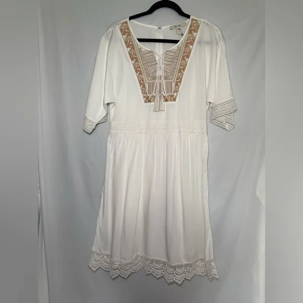 Ella Moon‎ White Embroidered Tassel Tie Boho Mini Dress Size S - Image 3