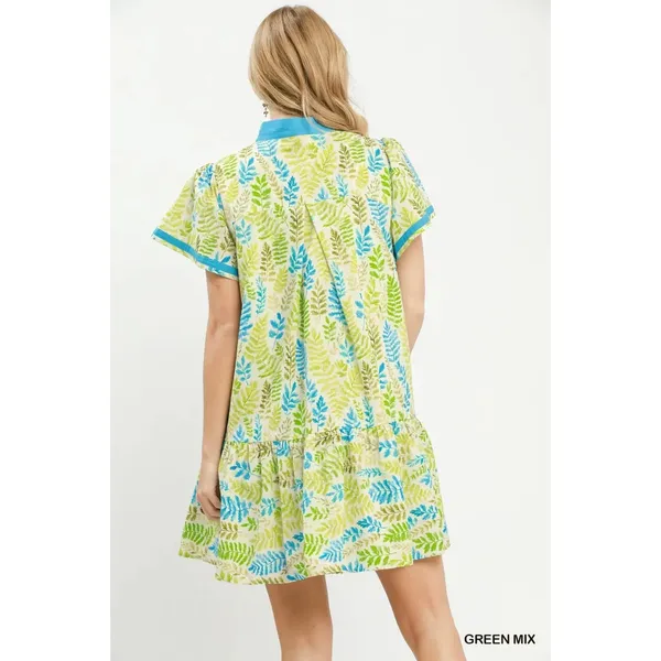 Umgee Leaf Print Flutter Sleeve Tiered Mini Dress - Green Mix - Small - Image 3