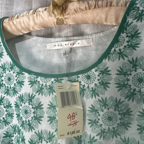 Max Studio Green & White Embroidered Mini Dress Lined Cotton Women's Size L NWT - Image 2