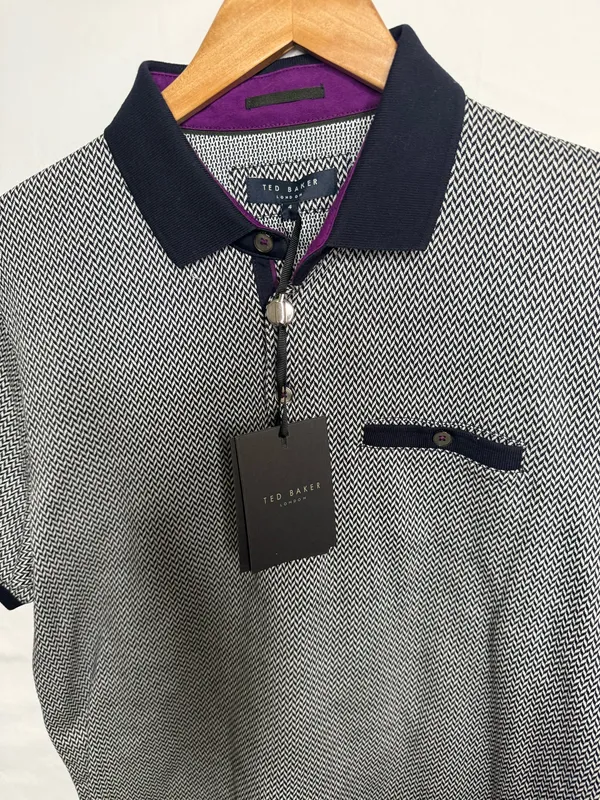 NWT Ted Baker Designer collared contrast jacquard blue polo shirt Lg - Image 4