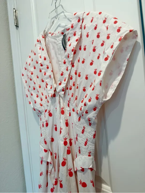 ANTHROPOLOGIE Pineapple Printed V-neck Smocked Waist Midi Dress White size Small - Image 7
