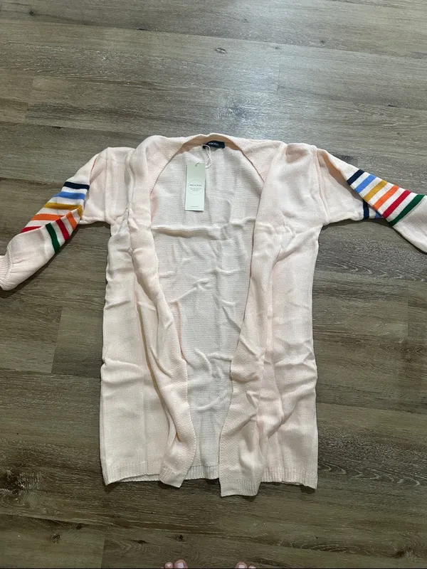 Open-Front Cream Cardigan with Multicolor Striped Sleeves - Image 2