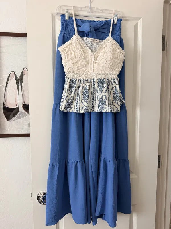& Other Stories Crochet Lace Bodice Dress with Blue Floral Skirt - Blue and White - Image 4
