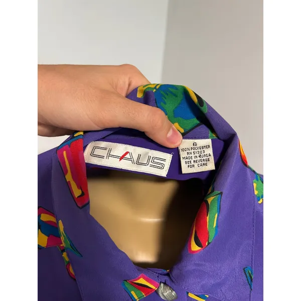 Chaus Vintage 80s Purple Perfume Bottle Print Button Down Blouse Womens Medium 6 - Image 6