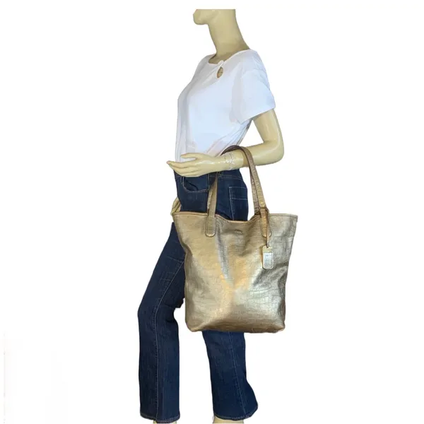 Lauren Ralph Lauren Gold Snakeskin-Embossed Leather Tote Bag - Image 2