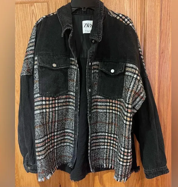 ZARA Contrast Black Denim & Tweed Plaid Mix Snaps Outer Jacket Shaket Size Large - Image 8
