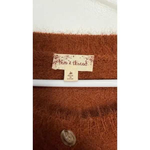 Hem & Thread Rust Orange Fuzzy Eyelash Knit‎ Star Embroidered Cardigan Sweater M - Image 4