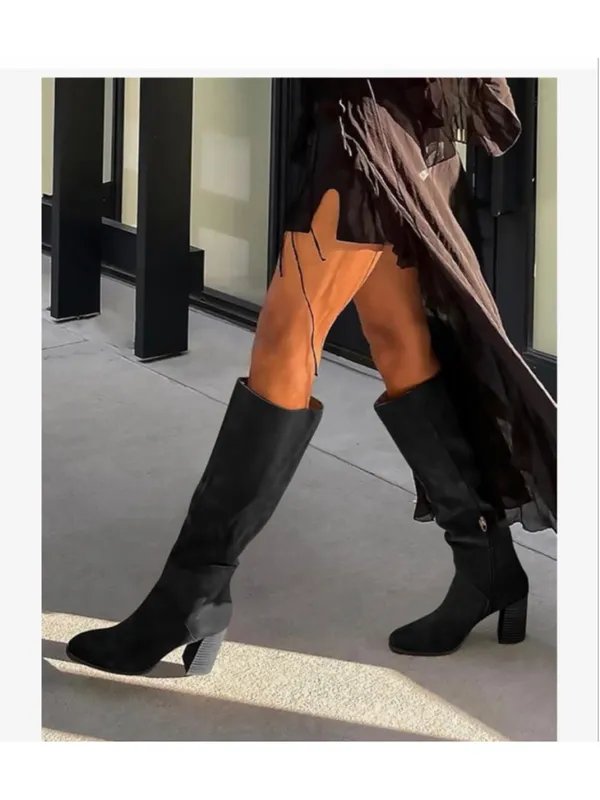 NEW Knee High Square Toe Chunky Block Heel Side Zipper Vegan Suede Long Boots 11 - Image 6